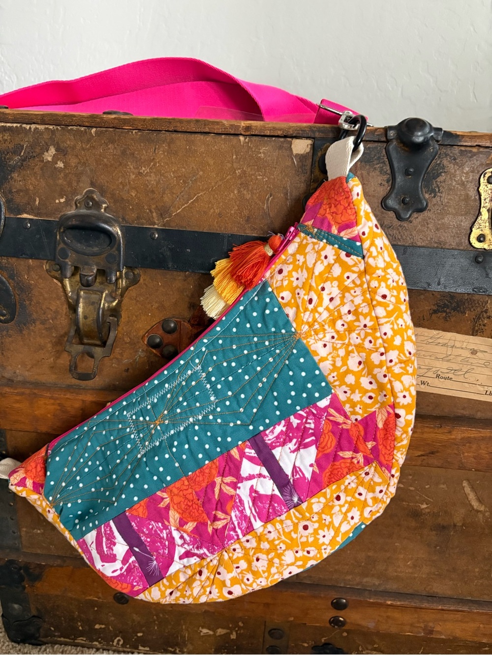 Boho Patchwork Crossbody-Bumbag  Bag in Pink, Teal & Yellow, Handmade